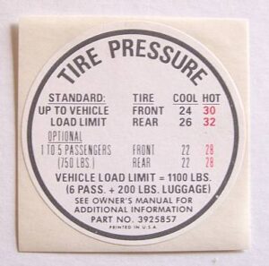 TIRE PRESSURE DECAL W/327 ENGINE