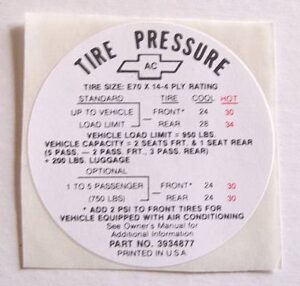 TIRE PRESSURE DECAL E70X14