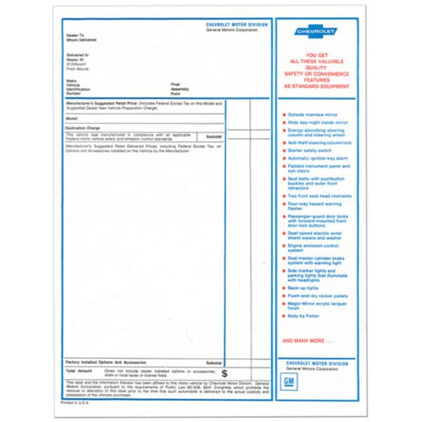 NEW VEHICLE WINDOW PRICE STICKER (BLANK)